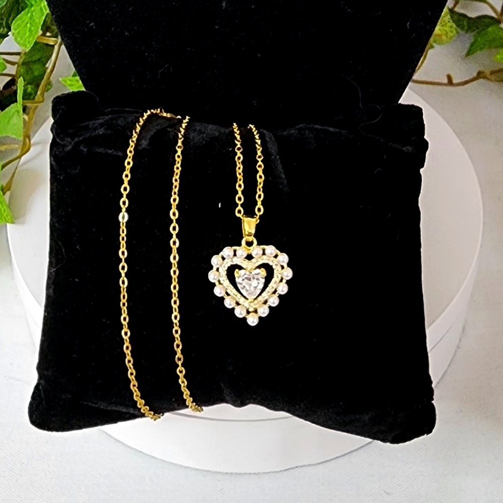 Gold Chain Necklace with Heart Pendant Clear CZ